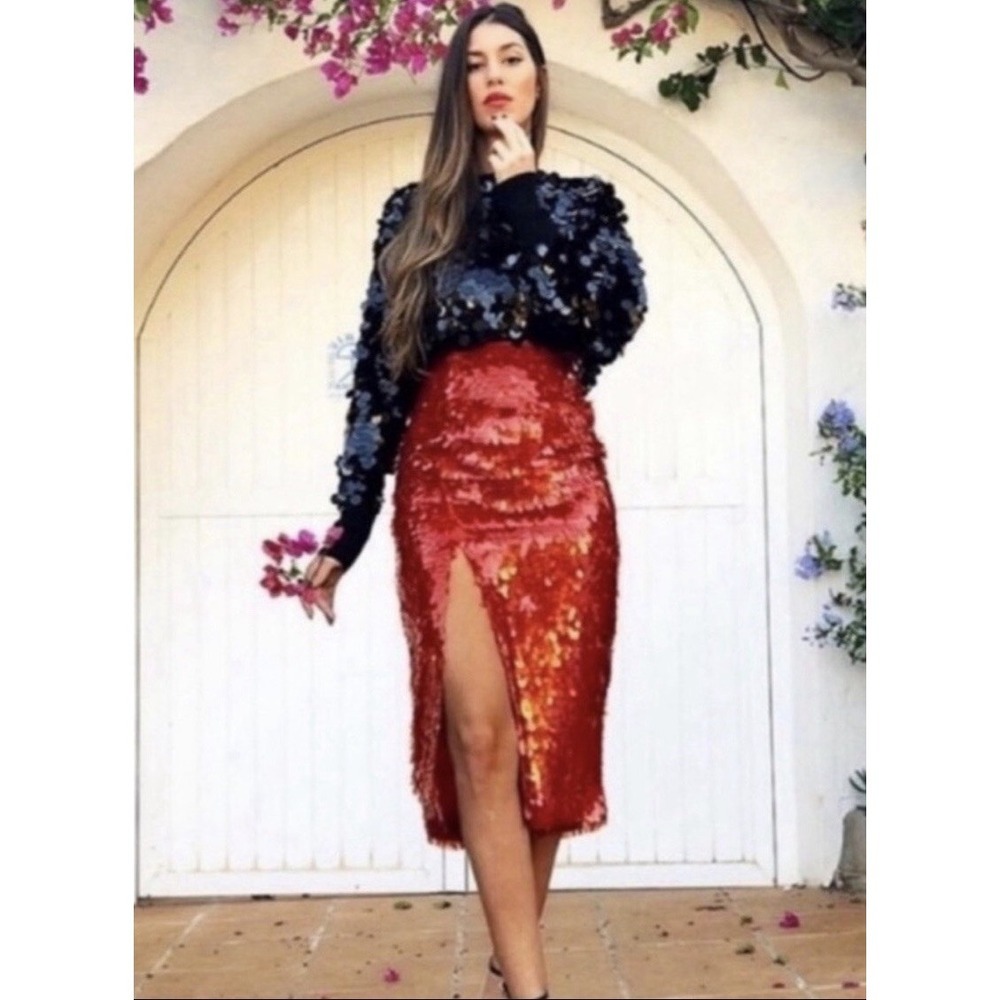 Sequin High-Slit Pencil Skirt in Orange